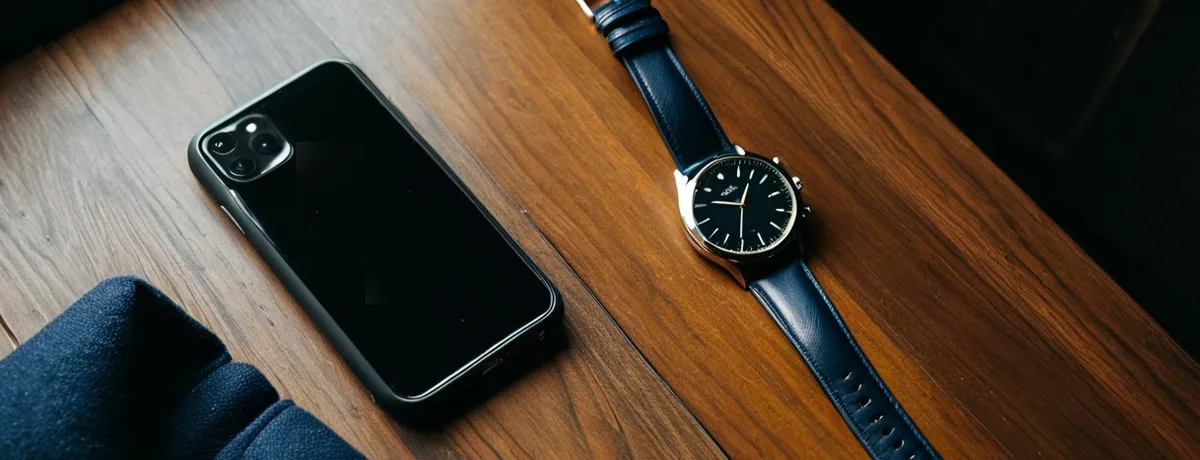 A watch and a phone on a wooden desk