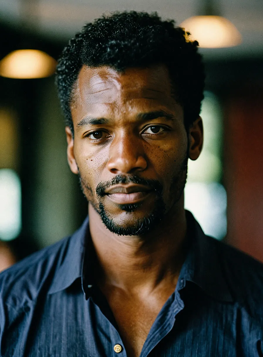 A man in a blue shirt, looking straight ahead