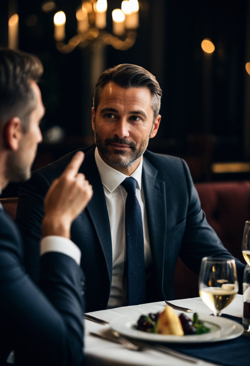 A man in a tailored suit leads the conversation at a candlelit dinner table