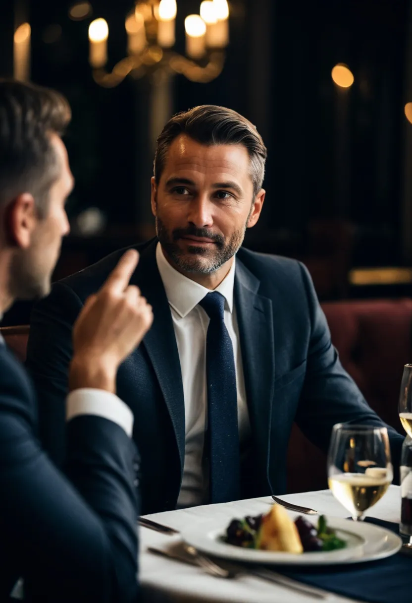 A man in a tailored suit leads the conversation at a candlelit dinner table