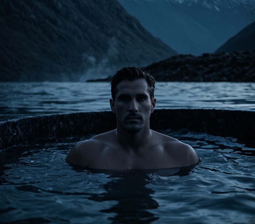 A man submerged shoulders-deep in a cold plunge pool at dawn