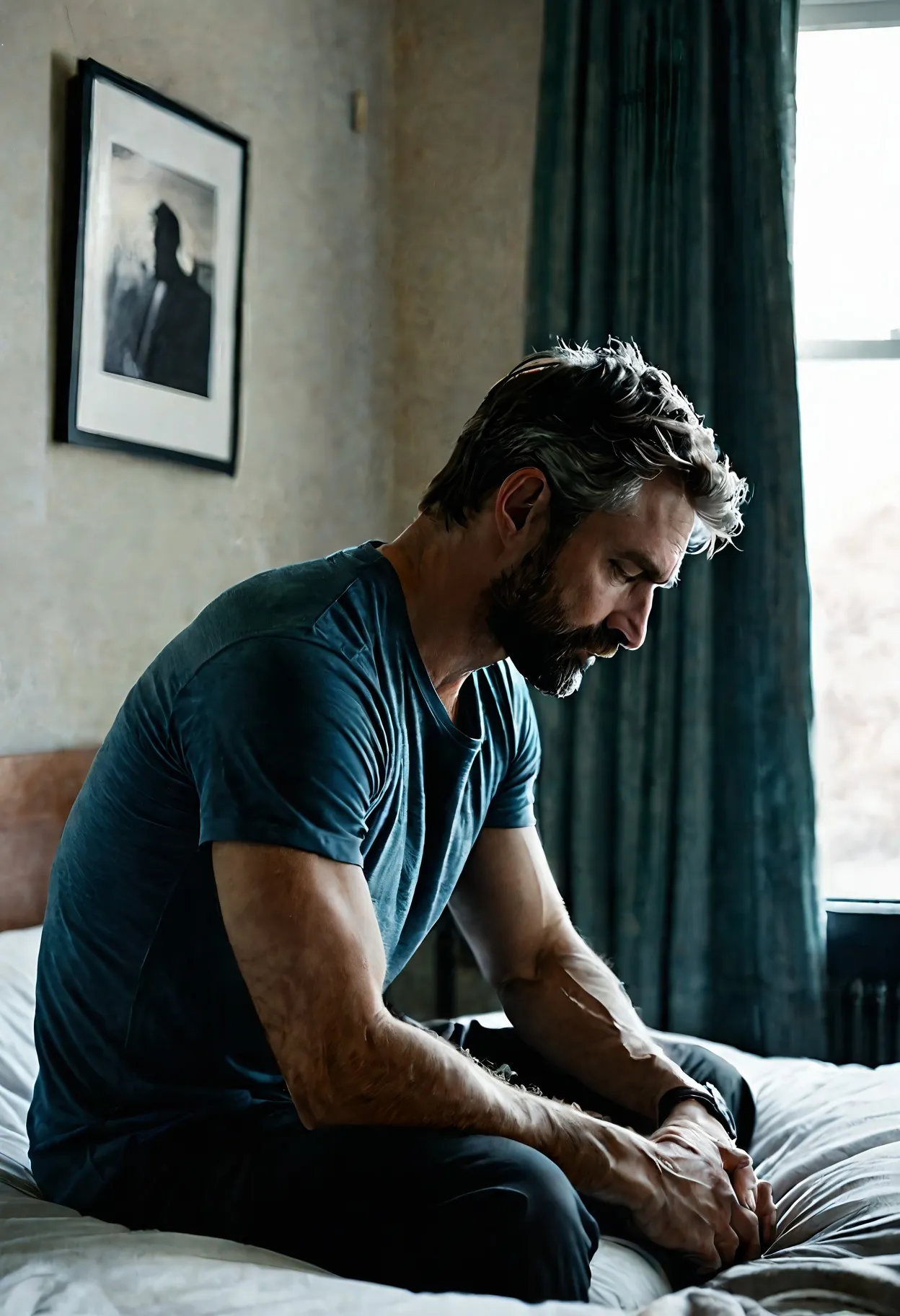 A man sitting on the edge of his bed, thinking it over