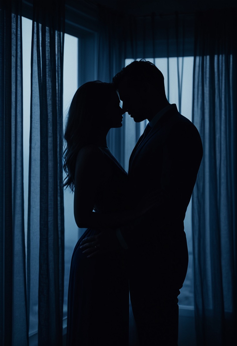 A couple stands close together in silhouette at blue hour